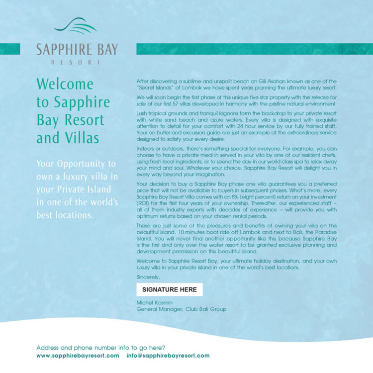 Sapphire Bay | Welcome Letter