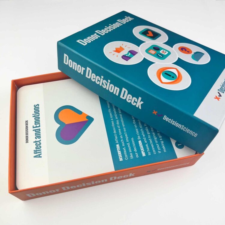 Decision Science - Donor Decision Deck - Shot of outer box opened showing cards