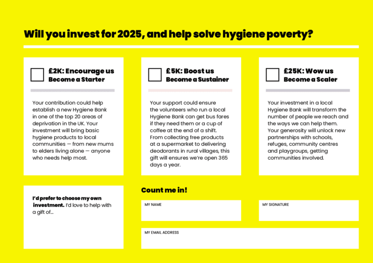 The Hygiene Bank | Event & Conference Design | Inside panel of pledge card with donation form