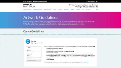 London Print Room | eCommerce website | Screenshot of Artwork Guidelines page