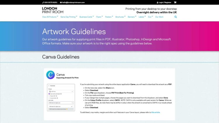 London Print Room | eCommerce website | Screenshot of Artwork Guidelines page